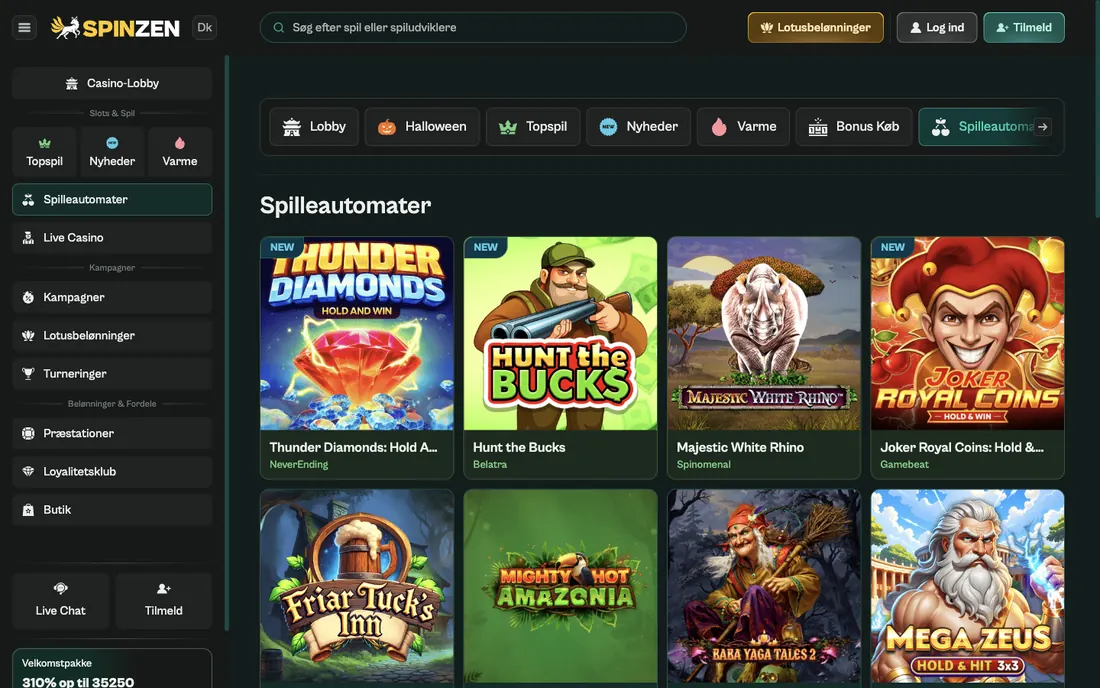 Spinzens danske lobby med kategorien for spilleautomater og en række spilfliser