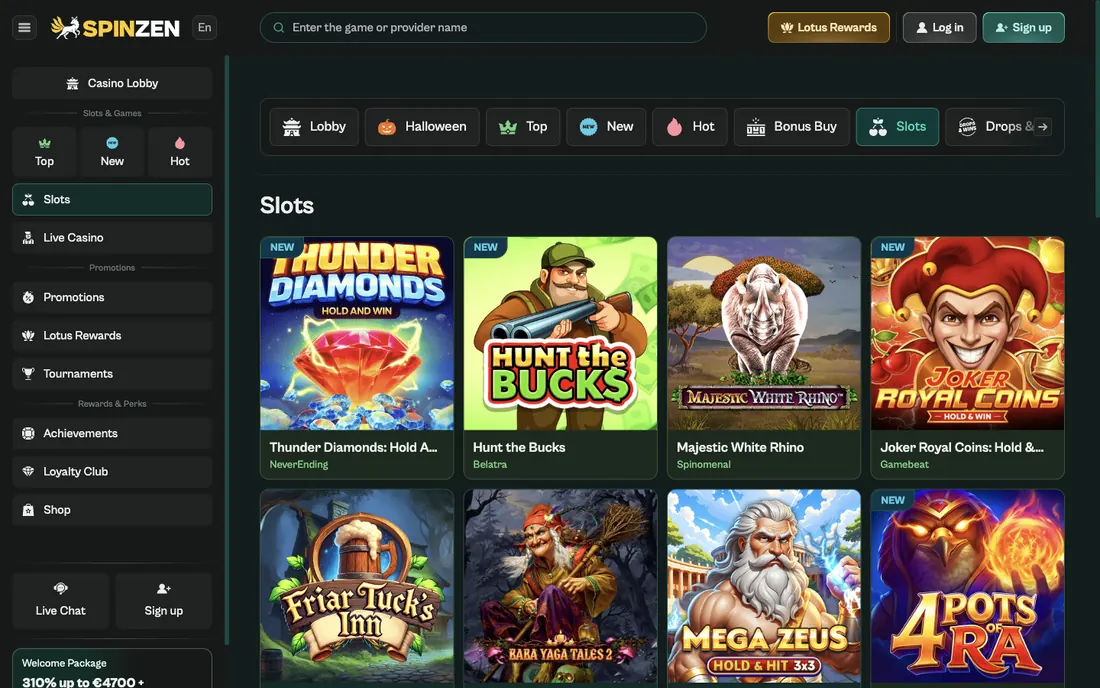 Spinzens engelska lobby med kategorin Slots och en rad spelrutor